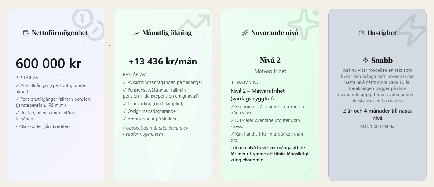 Översikt med nivå i rikedomstrappan, nettoförmögenhet och hastighetsindikator